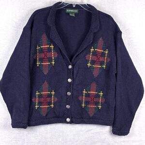 VTG Bushwacker Cardigan Sweater Womens M Navy Argyle Preppy Grandma Cottage 90s
